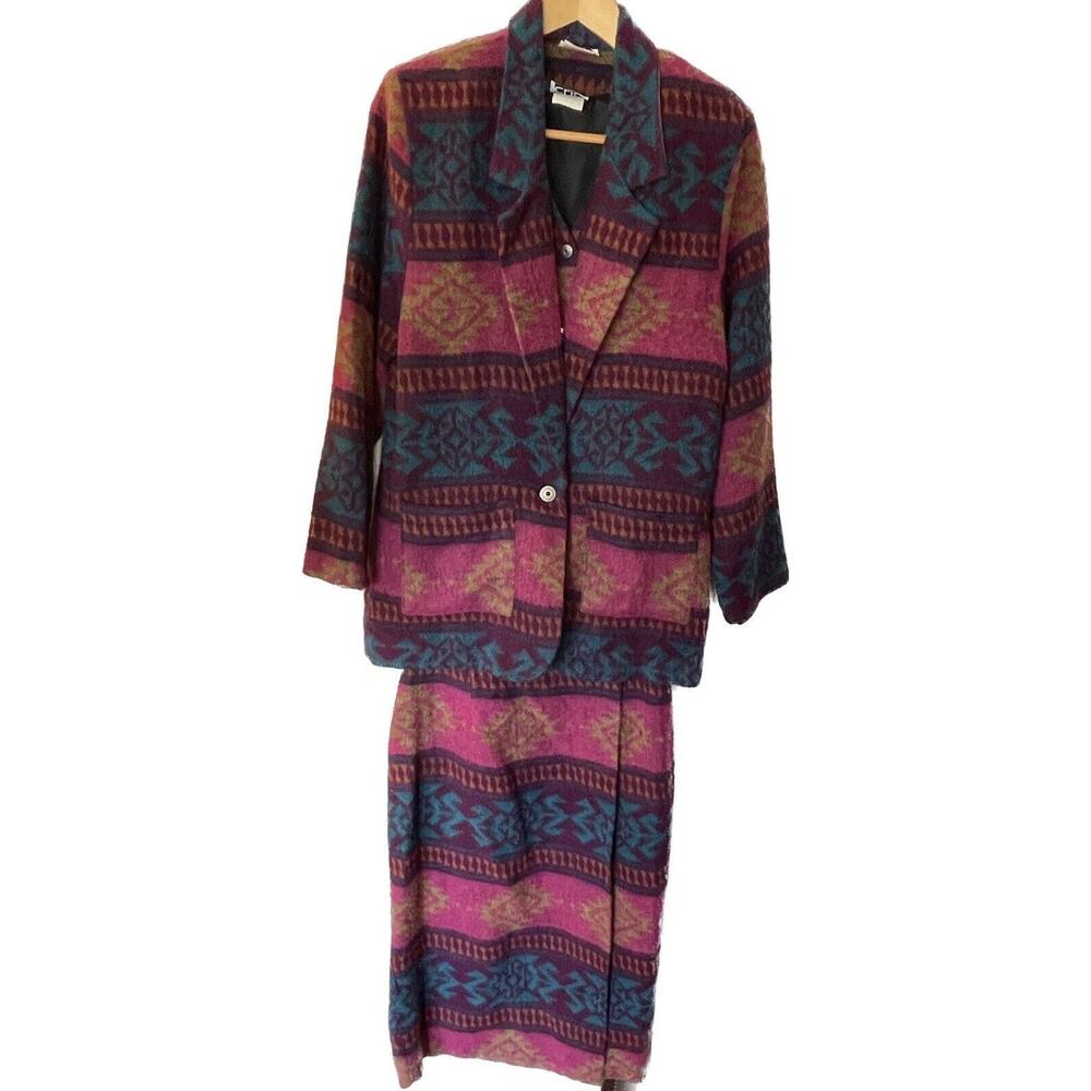 Southwestern 3 Piece Suit Women’s Blazer Vest Wrap Skirt Small S Vintage 80s